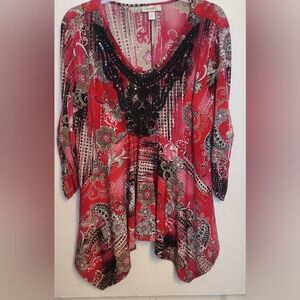 Dressbarn Red and Black Paisley Blouse XL Ruching On 3/4 Sleeves Lace On Front